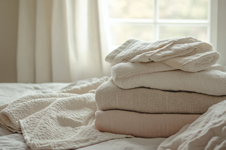 A pile of freshly washed towels and bed linens sits on a bed, bathed in soft light from a nearby window, offering a warm and inviting feeling of home.の素材