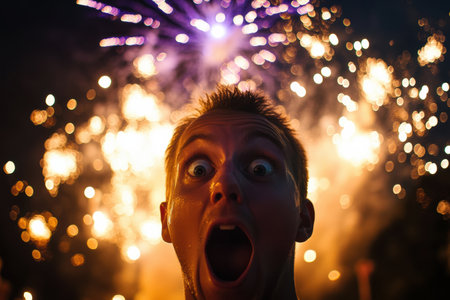 In a night sky illuminated by brilliant fireworks, a person expresses wonder with wide eyes and an open mouth, captivated by the colorful show above.の素材
