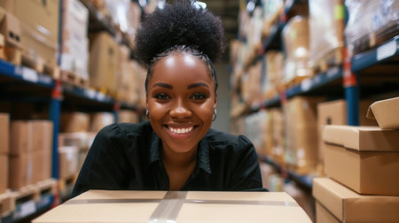 Confident African American woman smiles as she promotes innovative custom packaging options in a busy warehouse, highlighting her business acumen.の素材