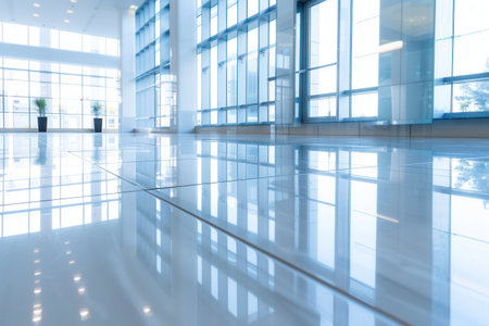 Shiny, clean floor reflects light in a modern interior space, creating a fresh and hygienic atmosphere, perfect for cleaning companies and products.の素材