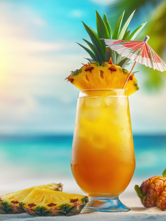 Bright and refreshing cocktail featuring pineapple and a small umbrella captures the essence of a relaxing beach vacation bathed in sunlight.の素材