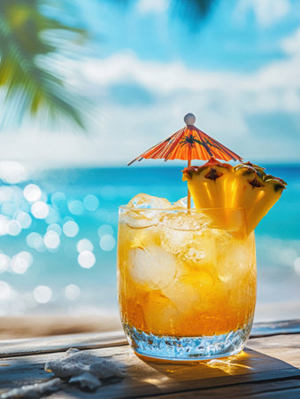 Brightly colored cocktail adorned with pineapple slices and a small umbrella sits on a table, capturing a refreshing tropical vibe by the beach.の素材