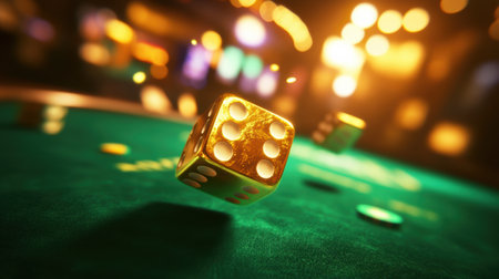 Golden dice elegantly roll over a lush green casino table, captured with a slight motion blur. Surrounding glowing lights enhance the high-stakes atmosphere.の素材