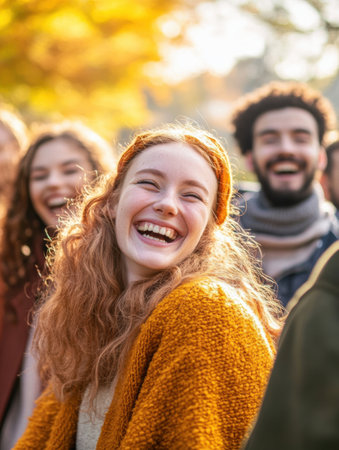 A cheerful gathering of friends enjoying a sunny day in the park, sharing laughter and creating joyful memories with bright colors surrounding them.の素材