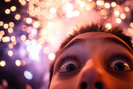 Wide-eyed and mouth agape, a person marvels at the vibrant fireworks lighting up the night sky with sparks and colors creating a magical atmosphere.の素材