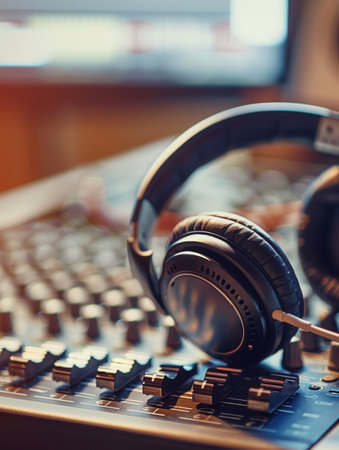 In a calm environment, headphones rest on a sound mixing console, highlighting a dedicated workspace ideal for soundproofing and concentration.の素材