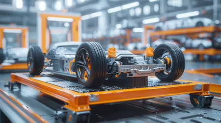 Modern assembly lines prioritize eco-friendly production of EV components, especially battery packs and innovative vehicle designs.の素材
