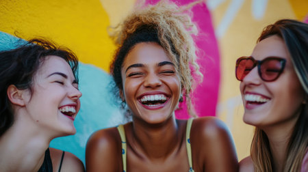 Three friends share joyful laughter in a bright urban setting. They are surrounded by vivid colors and express genuine delight during their moment together.の素材