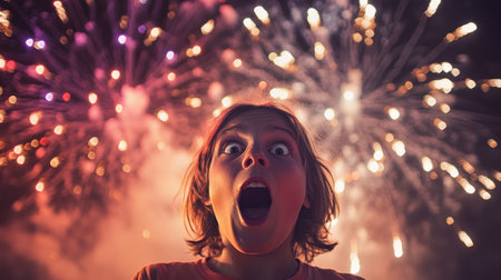 A child with wide eyes and mouth agape gazes in awe at a dynamic fireworks display lighting up the night sky with bright colors and sparkling effects.の素材