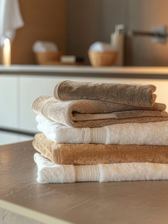 Neatly folded towels are arranged on a countertop in a bathroom, enhancing the clean and cozy environment typical of luxury hotels and spa salons.の素材