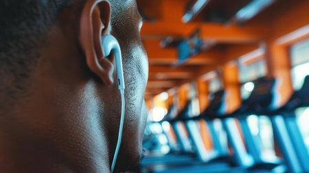 A focused individual listens to music through wireless earbuds while exercising in a fitness center filled with treadmills and gym equipment.の素材