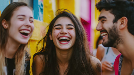 A group of friends enjoys a moment of joy and laughter together, surrounded by bright colors and a lively urban backdrop that enhances their happiness.の素材