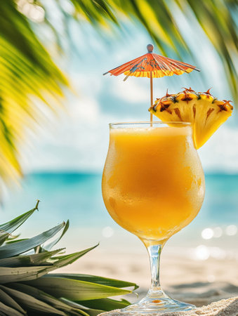 Brightly colored cocktail adorned with pineapple and a small umbrella rests on a sandy beach, inviting relaxation under the suns warm rays.の素材