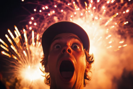 A person with wide eyes and mouth agape watches an amazing fireworks show in the night sky, illuminating the surroundings with bright colors.の素材