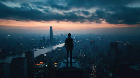 A confident figure stands prominently on a skyscraper overlooking a vast cityscape at dusk, showing powerful dark and bold colors with dramatic lighting.の素材