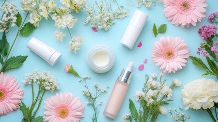 Soft pastel flowers surround an array of cosmetic products, creating an inviting atmosphere that emphasizes organic and natural beauty.の素材