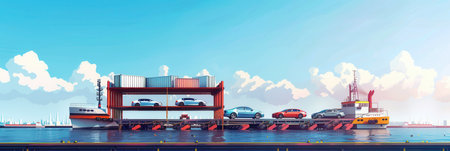 An auto carrier loads a selection of finished cars for transportation at a busy port, showcasing an efficient logistics operation during the day.の素材