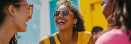 A group of friends share a moment of laughter in a lively urban location, surrounded by colorful surroundings and infectious happiness.の素材