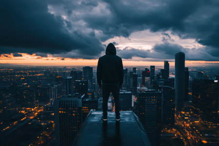 A powerful figure stands confidently on a skyscrapers edge, gazing over a vibrant cityscape at dusk, enveloped in dark and moody colors.の素材