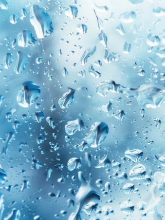 A pristine glass surface covered with water droplets reflects light beautifully, emphasizing cleanliness and transparency ideal for window services.の素材