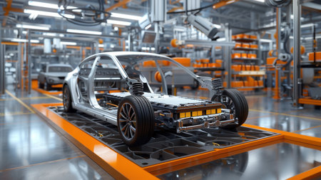 Assembly line showcases production of electric vehicles with battery packs, highlighting advanced technology and sustainable practices in a bright workspace.の素材