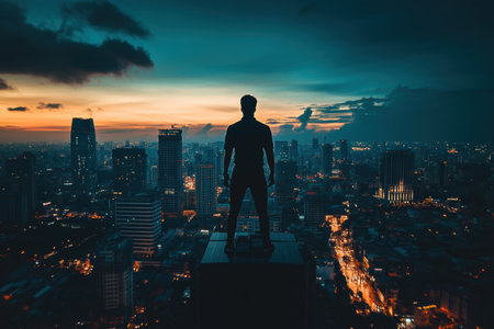 A confident figure gazes over a vibrant cityscape at dusk, surrounded by dark colors and striking shadows, evoking a sense of power and tranquility.の素材