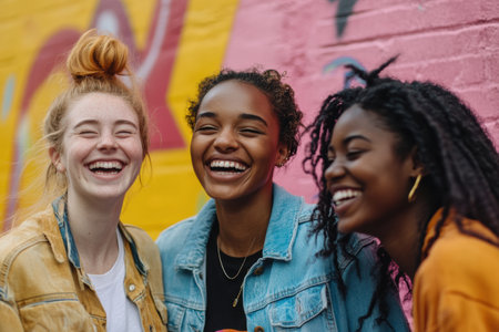 A group of friends enjoys a lighthearted moment together in a lively urban area, surrounded by bright colors and candid, cheerful smiles.の素材