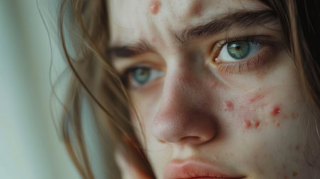 Young woman with acne on her face expresses sadness while looking away from the camera, capturing the emotional toll of skin issues on self-esteem.の素材
