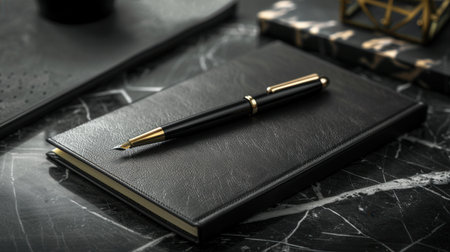An elegant notebook paired with a stylish pen rests on a sleek office desk, showing professionalism ideal for stationery and office supplies companies.の素材