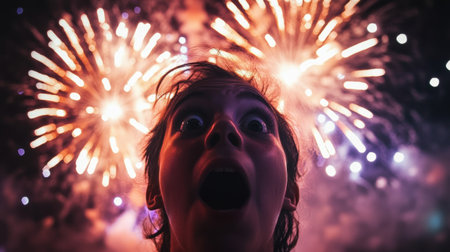 Wide-eyed excitement captures the moment as a person watches a dazzling fireworks display lighting up the night sky with vivid colors and wonder.の素材