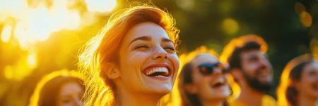 A joyful gathering of friends laughing and smiling under the bright sun in a park, surrounded by warm, vibrant colors that enhance the feeling of celebration.の素材