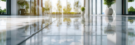 Bright sunlight highlights a polished floor in a contemporary space with plants, creating a clean and hygienic atmosphere ideal for cleaning company promotions.の素材