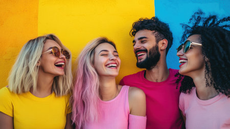 A lively group of friends shares a moment of joy, laughing together against a colorful urban backdrop, showing their carefree energy and happiness.の素材