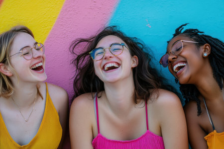 A lively group of friends bursts into laughter together against a colorful backdrop, showcasing joy and connection in an urban environment.の素材