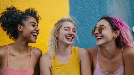 Three friends enjoy a lively moment, laughing together against a backdrop of colorful walls in an urban environment, embodying pure joy and friendship.の素材