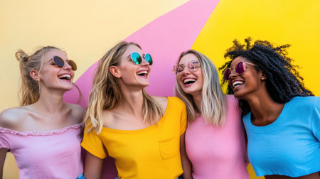 Friends gather in a lively urban space, sharing laughter and joy against a backdrop of bold colors, capturing candid moments of happiness and connection.の素材