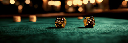 Golden dice roll rapidly over a lush green velvet casino table, capturing the thrill and high stakes of the gaming atmosphere with vibrant light reflections.の素材
