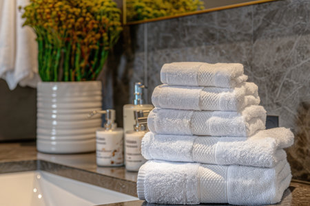 Neatly arranged white towels are stacked in a bathroom with stylish decor and plants, creating a clean and inviting atmosphere perfect for relaxation.の素材