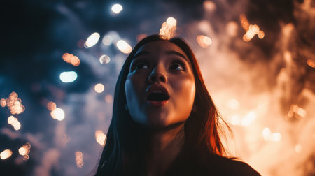 Captivated by the dazzling fireworks show, a person gazes upward with wide eyes and an open mouth, deeply immersed in the vibrant nighttime spectacle.の素材