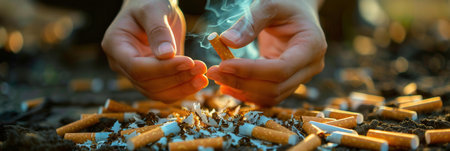 Hands breaking a cigarette in a park, surrounded by butts, symbolizes a commitment to anti-tobacco awareness and healthier living.の素材