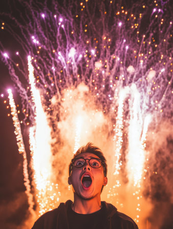 In a vibrant night sky filled with fireworks, a person expresses wonder and amazement, captivated by the bright orange, purple, and white bursts.の素材