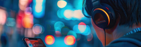 A close-up view focuses on an ear wearing headphones, which are linked to a smartphone displaying a music app, immersed in a colorful urban environment.の素材