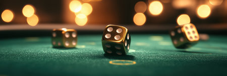 Dice are rolling across a plush green casino table, creating a blur of motion.の素材