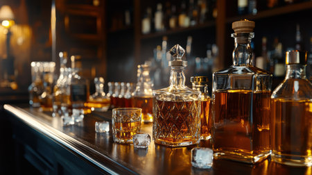 Elegant bar counter lined with premium whiskey bottles, crystal glasses, and ice cubes, surrounded by warm lighting and a cozy, exclusive atmosphere.の素材
