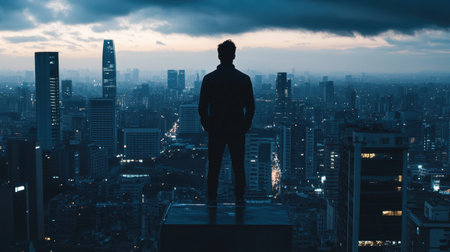 A confident figure stands on a skyscraper, gazing at a sprawling city illuminated by dusk. Bold colors and shadows create a powerful atmosphere.の素材