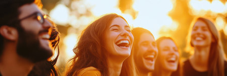 Friends share joyful laughter in a sunny park, enjoying a cheerful celebration filled with happiness and warmth on a bright, sunny day.の素材