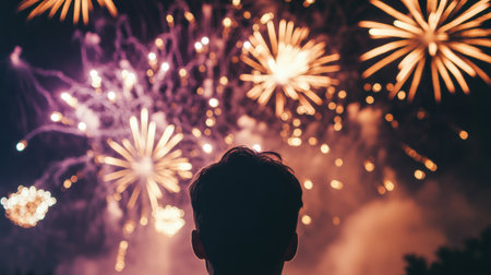 Wide-eyed individual watches a stunning fireworks display at night, captivated by the brilliant colors of orange, purple, and white illuminating the sky.の素材