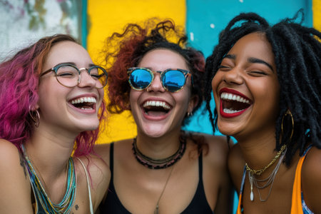 Three friends are sharing laughter in a lively urban space filled with bright colors. Their candid expressions reflect pure joy and a sense of fun together.の素材