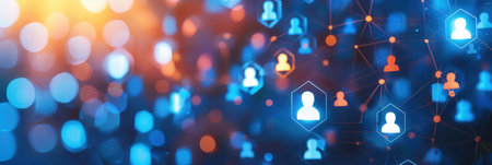 Professional background featuring interconnected business profiles, ideal for marketing companies focused on social media engagement and B2B strategies.の素材