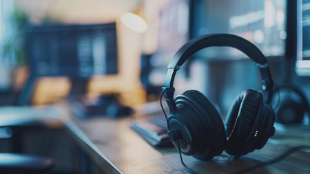 An ear wearing headphones captures the essence of tranquility in a quiet home workspace, ideal for enhancing concentration and soundproofing solutions.の素材